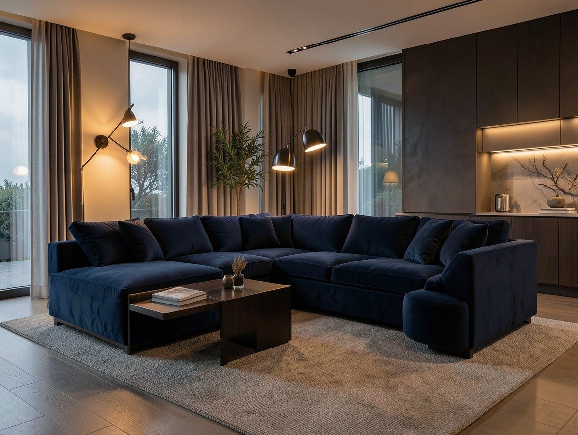 Sala moderna con sofá azul